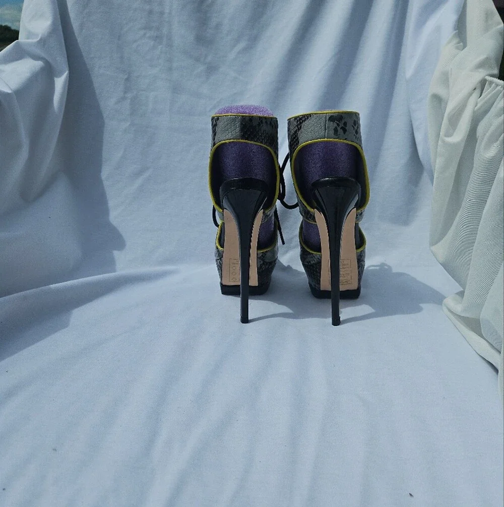 Paper Fox Gray Snake-Print Lace-Up Platform Sandals with Yellow Trim